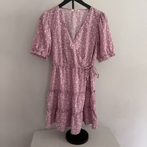 💙Blush Pink White Floral Wrap Dress Women's XL Puff Sleeve Tiered Boho Cottage